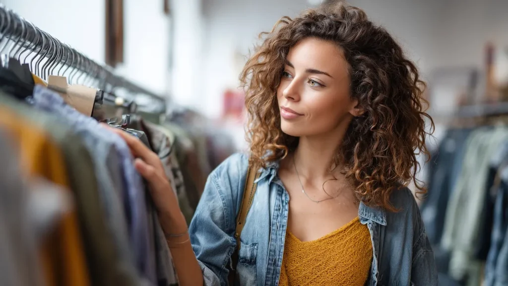 Femme parcourant des vêtements dans une boutique de mode à Saint-Malo, illustrant le shopping et les meilleures adresses pour tous les styles vestimentaires.