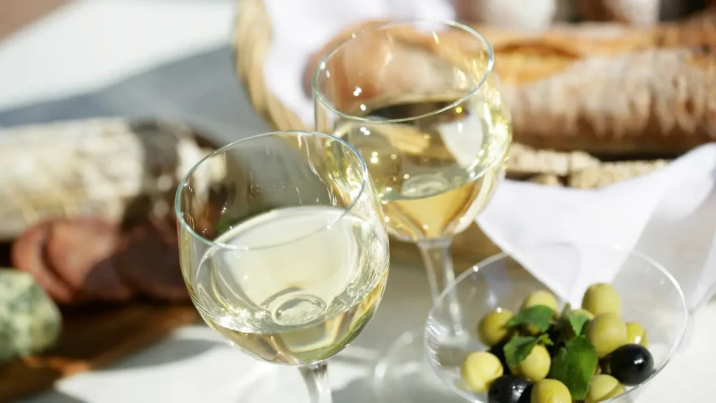 Table en terrasse à Saint-Malo avec verres de vin blanc, olives et pain frais pour illustrer un guide des bonnes adresses où manger en ville