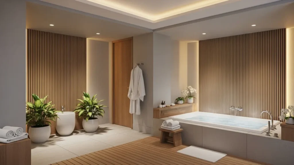 Spa contemporain à Saint-Malo avec baignoire, plantes et lumière tamisée pour illustrer une pause bien-être et détente en bord de mer